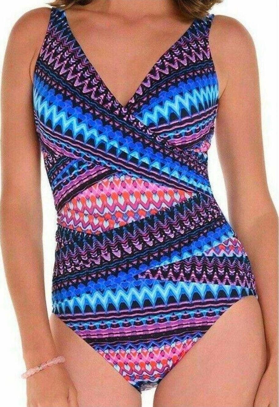 MiracleSuit Trimshaper Surplice one piece multicolor Sz 16 Slimming vacay ready